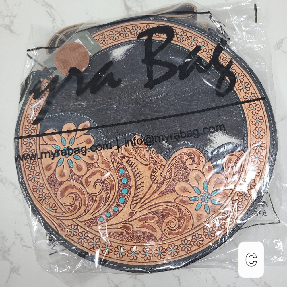 NWT Myra Bag Round Leather Hairon Cowhide Tooled Crossbody Shoulder Bag - Picture 10 of 13